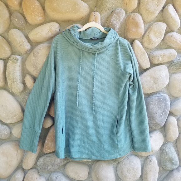 Pink Clover Tops - Pink Clover Teal Cowl Neck Women's Textured Long Sleeve Pullover Hoodie Sweater